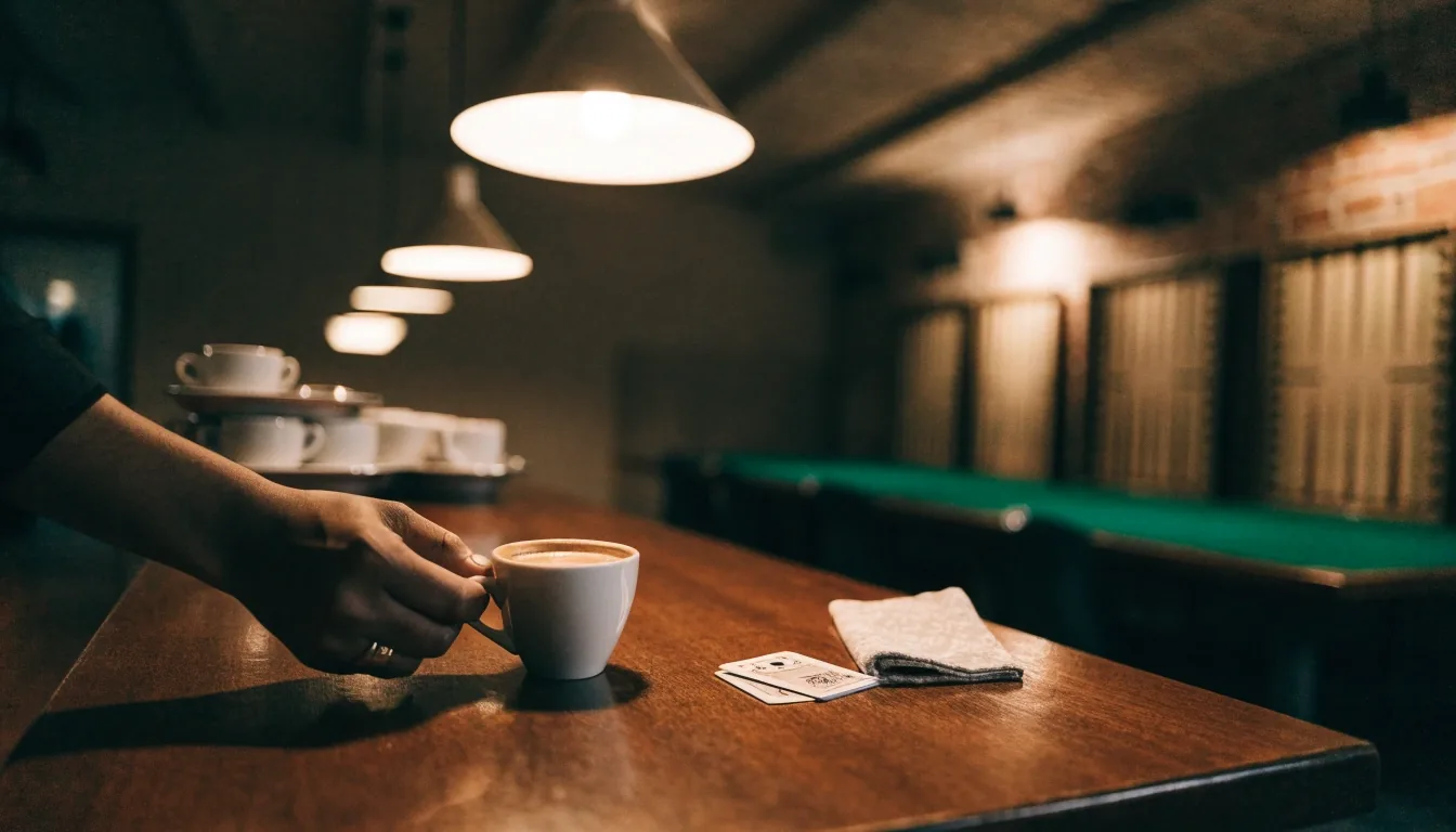 Filiżanka espresso na blacie kawiarni obok odwróconych kart, światło okna z boku