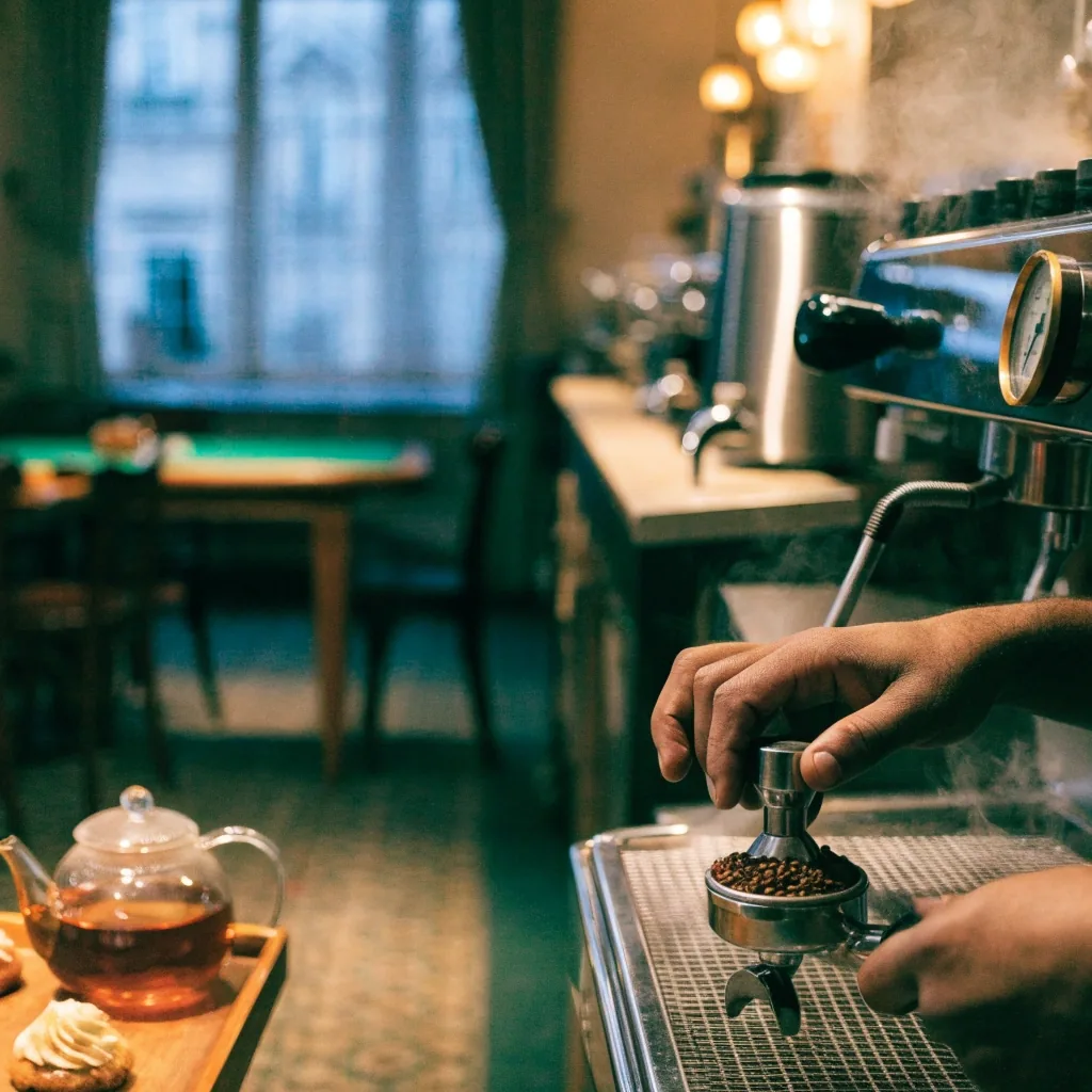 Espresso w filiżance na ciemnym spodku obok złożonej ściereczki na blacie kawiarni