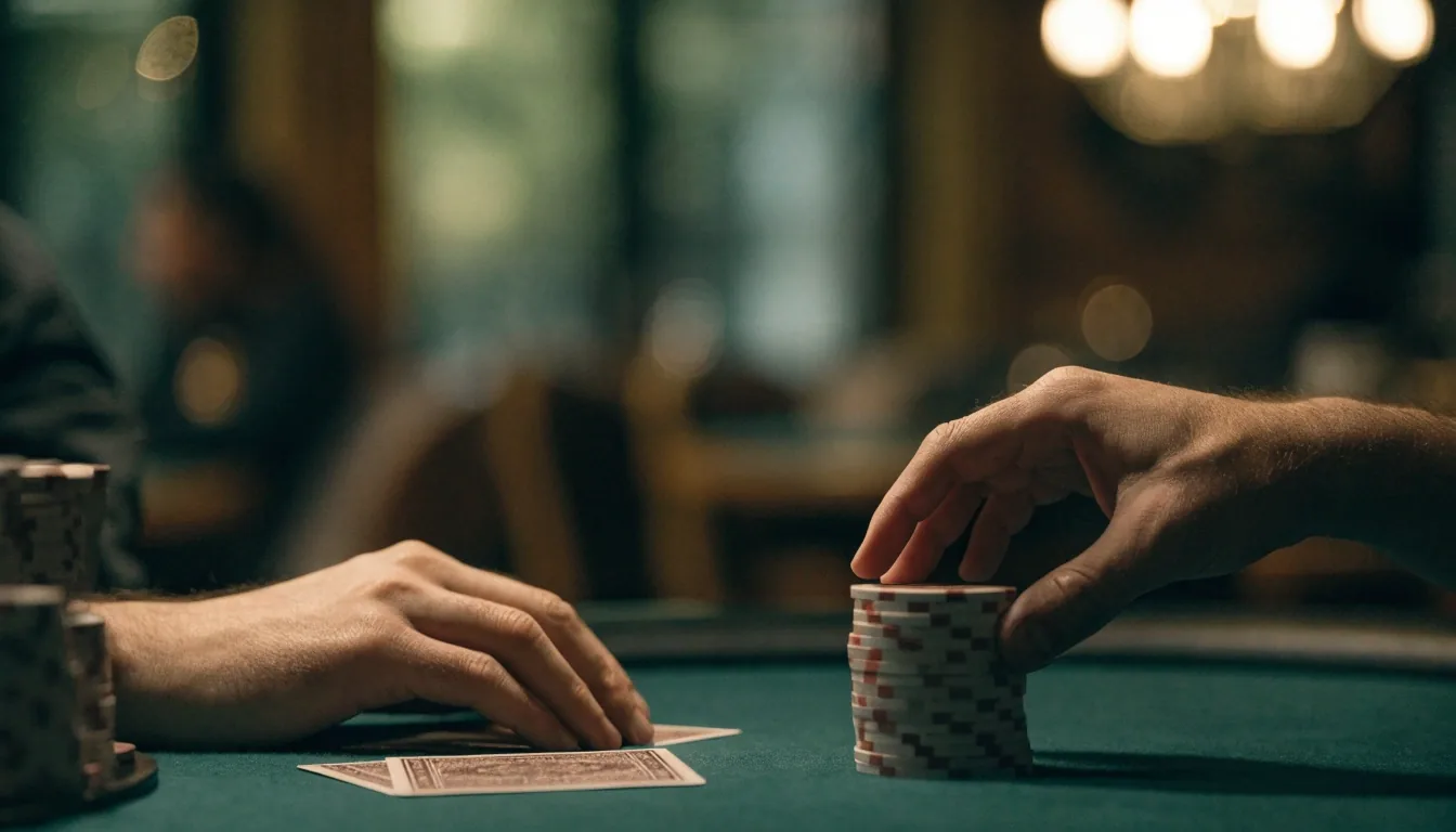 Poker table from above with dealt cards and chips at Maison Rivelles
